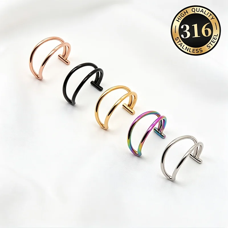 5Pcs Minimalist Double Layer Open Non-Piercing Fake Nose Ring Set, Can Be Used As Lip Ring, Hypoallergenic 316 Stainless Steel Cartilage Earrings, Unisex No Piercing Body Jewelry For Daily Wear