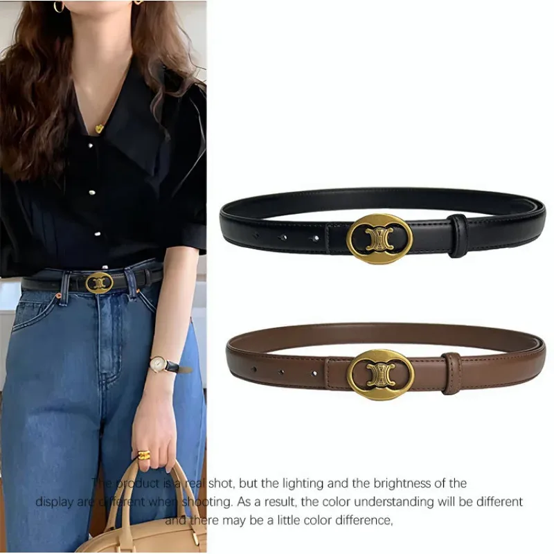 Women's Belt Versatile Retro Bronze Buckle Cowhide Thin Belt 2.3 Simple and Elegant Decorative Dress Suit Apparel Accessories