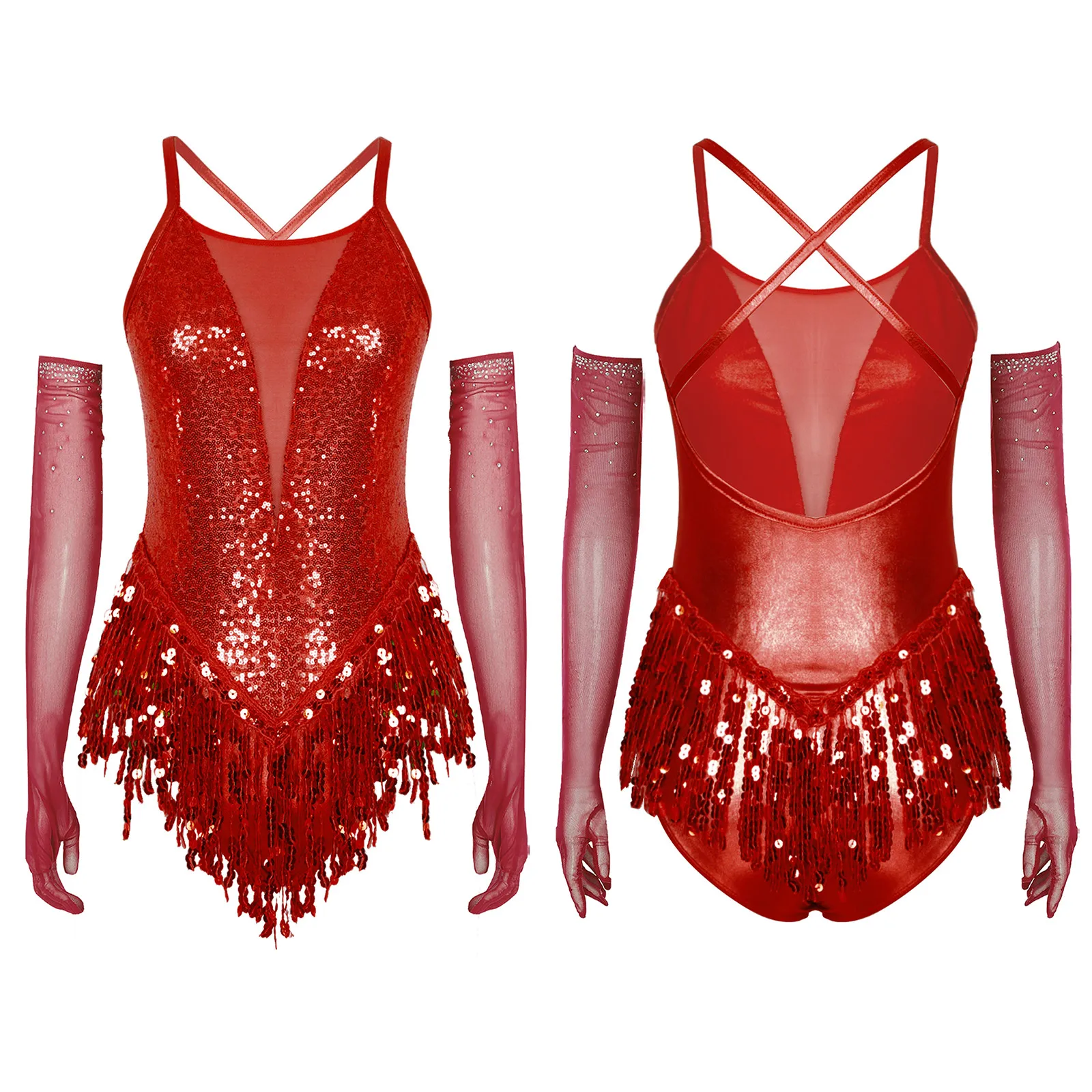ผู้หญิง Samba บอลรูม Latin Dance Fringed เครื่องแต่งกาย Rumba Sequins Leotard Tango บอดี้สูท Cha-Cha เต้นรํา STAGE Performance ถุงมือ