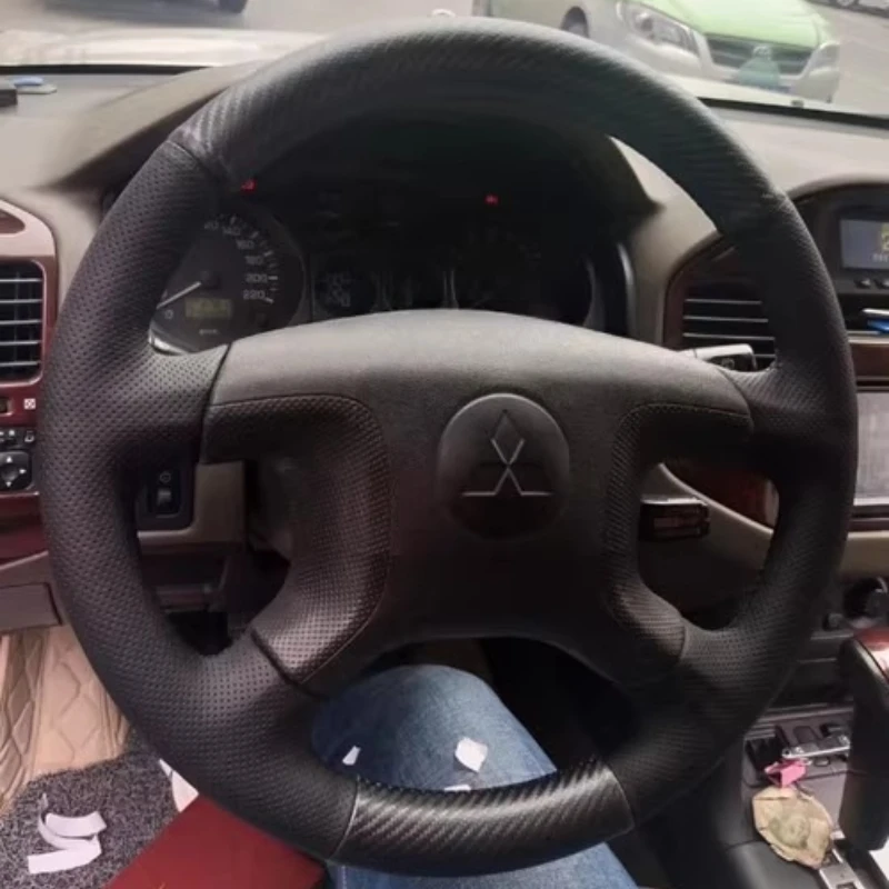 For Mitsubishi Pajero V73 V77 2004-2010 Hand-Stitched Black Genuine Leather Carbon Fibre Car Steering Wheel Cover