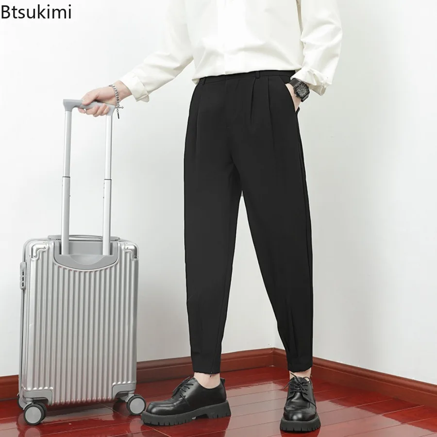 New Fashion Men Solid Casual Pants Elastic Waist Small Feet Slim Trousers Korean Style Pleated Tapered Men Suit Pants Streetwear