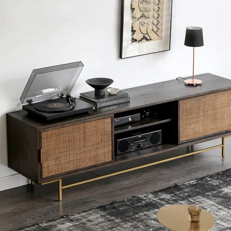 Nordic rattan TV cabinet small apartment living room medieval retro storage cabinet ground rattan audio-visual