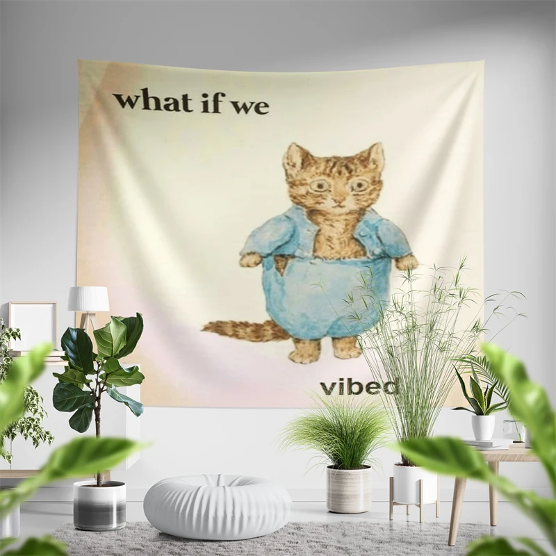 Aertemisi What If We Vibed Cat Funny Meme Tapestry Wall Hanging Art for Bedroom Living Room Decor Party Backdrop