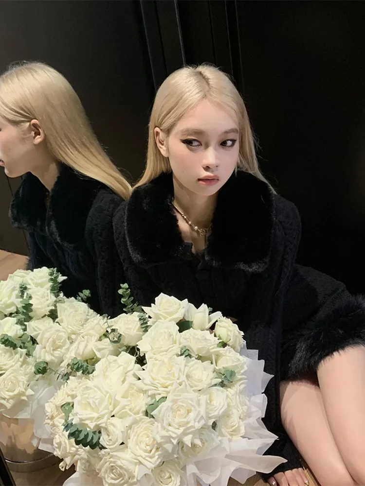 

Винтажные меховые свитера с ленивыми лацканами и воротником Mujer, новый белый кардиган, пальто для женщин Y2k, вязаные осенние топы на молнии с длинными рукавами 2023 г.