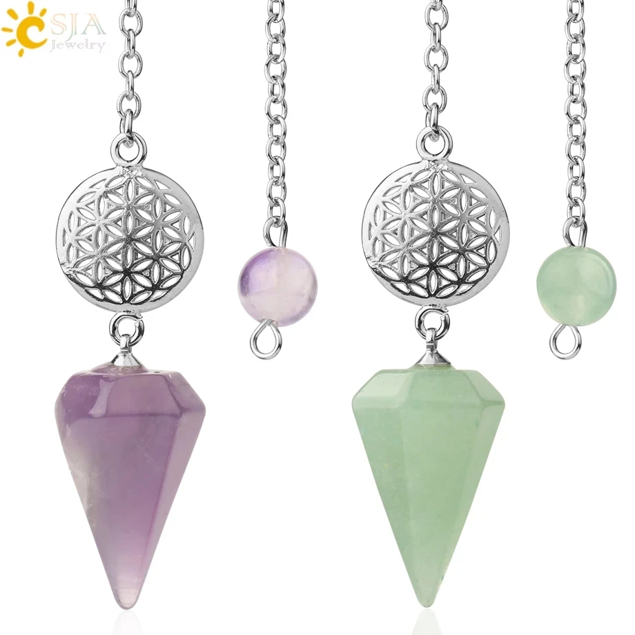 Spiritual Crystal Pendulos Natural Stone Cone Witch Pendulum for Divination Pendant Flower of Life Pendule Radiesthesia G733