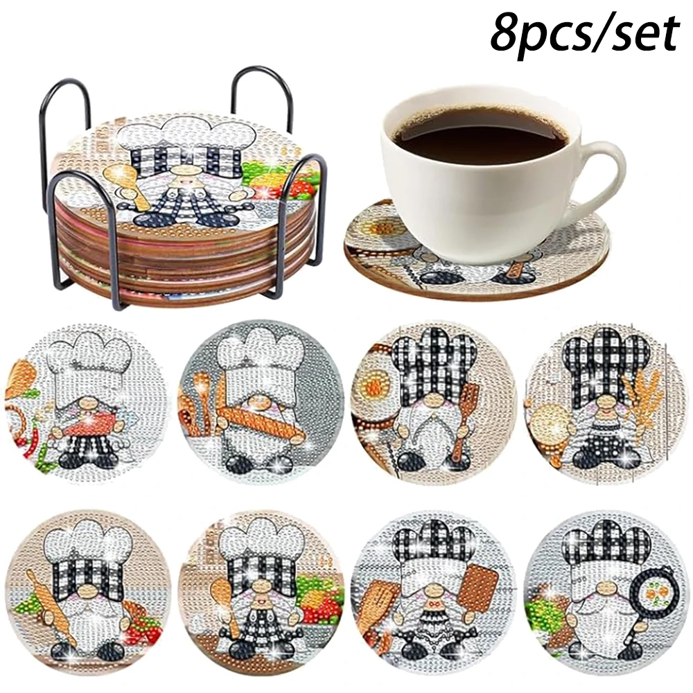 

8 pieces/set of diamond painted cartoon chef patterns, DIY coasters with brackets, non slip beverage coasters, mosaic production