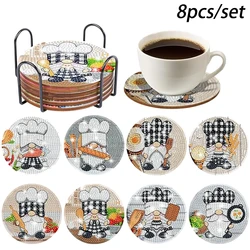 8 pieces/set of diamond painted cartoon chef patterns, DIY coasters with brackets, non slip beverage coasters, mosaic production