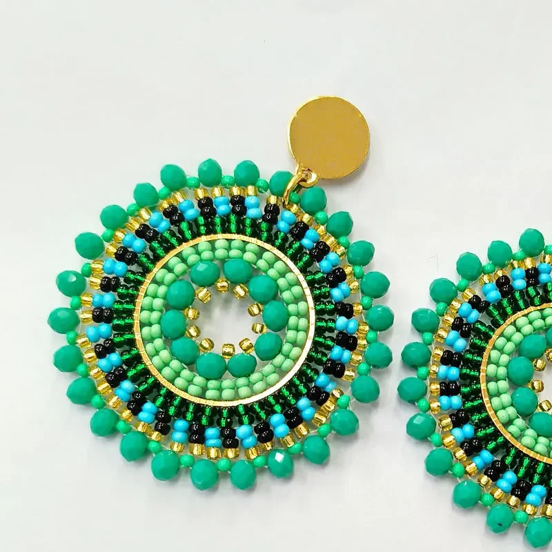 Bohemia Rice Bead Earrings, girassol verde Fashion, redondeza mão tricô cristal, Bohemia liga geometria, simples frisado brincos