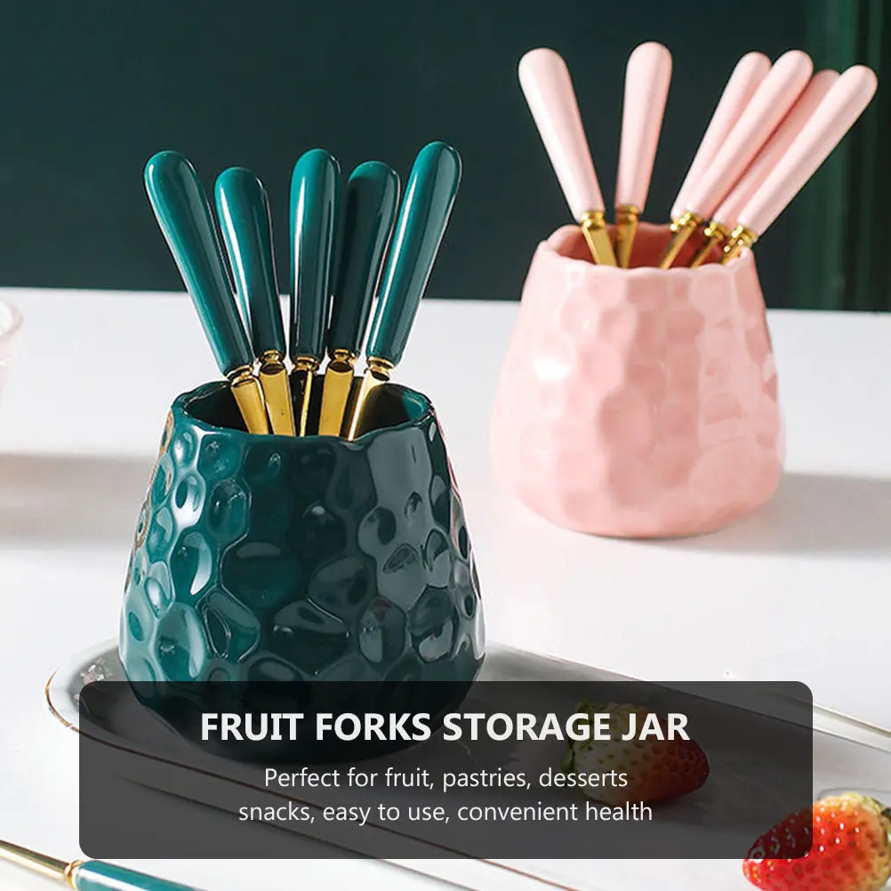 1Set Ceramic Fruit Forks Set with Convenient Long Handle Safe Non Toxic Storage Jar Ideal for Fruit Pastries Desserts Snacks