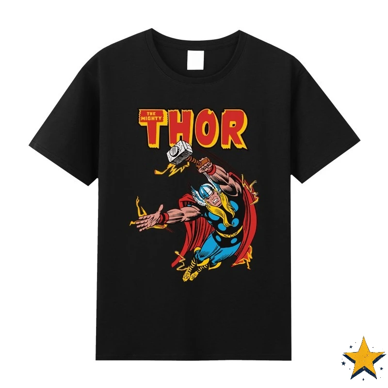 تي شيرت Retro Marvel Avengers Thor مطبوع من القطن بأكمام قصيرة للرجال على طراز الشارع العصري
