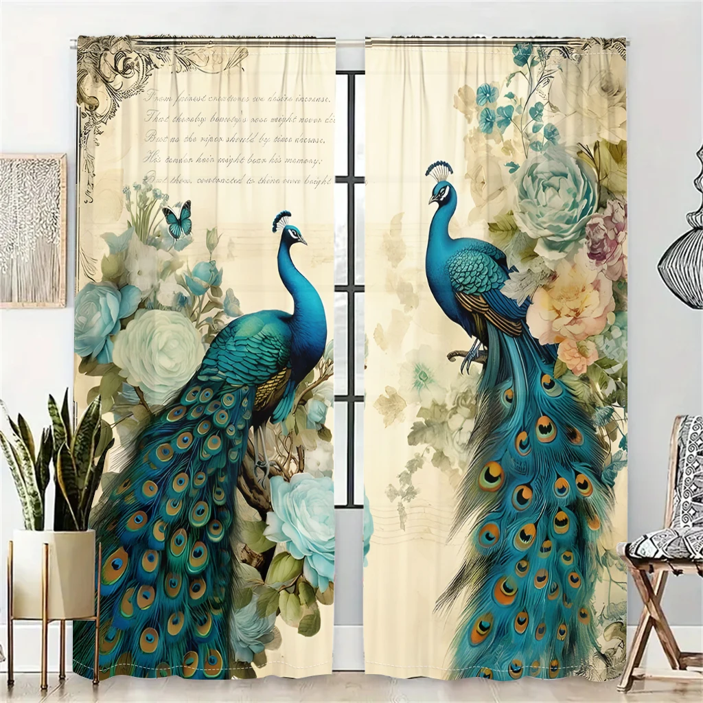 

2 Pcs Peacock Garden Curtains Vintage Art Print Living Room Bedroom Study Sun Shade Curtains Elegant Home Decoration