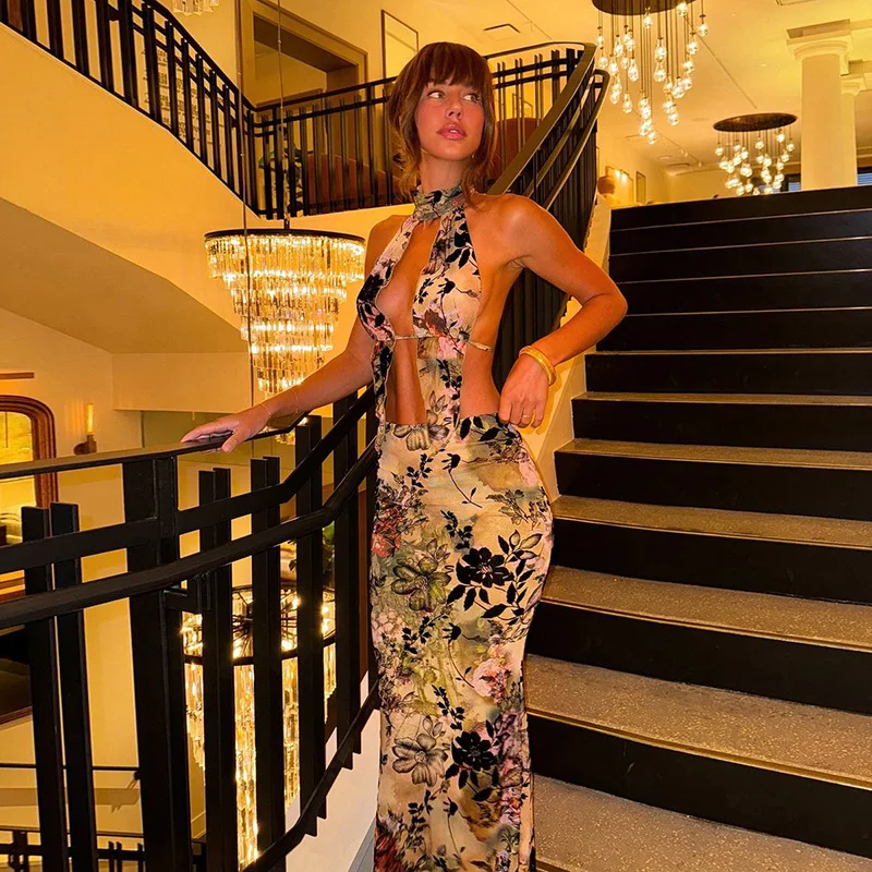 

SKMY Women Clothing Sexy Backless Lace-Up Halter Neck Top Split Wrapped Hips Long Skirt Sets Two Piece Outfits 2025 Spring New