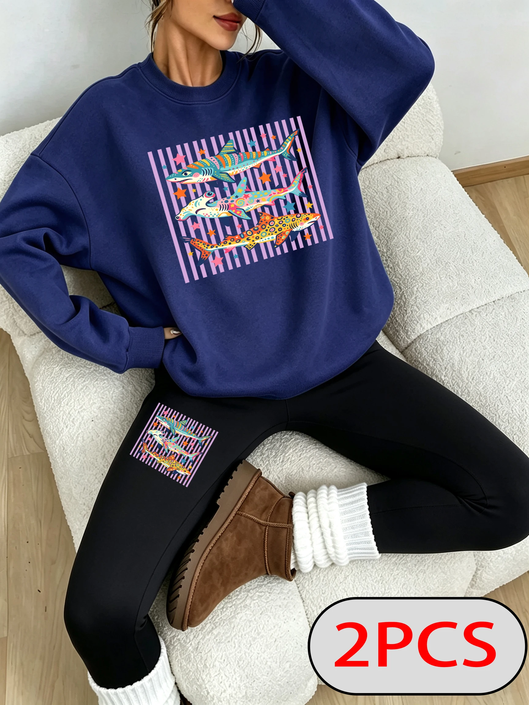 Colorful Psychedelic Sharks Stars Ocean Print Women Sweatshirt Set Casual Pants Warm Autumn Leggings Y2K Fleece O-Neck Pullover - view 3