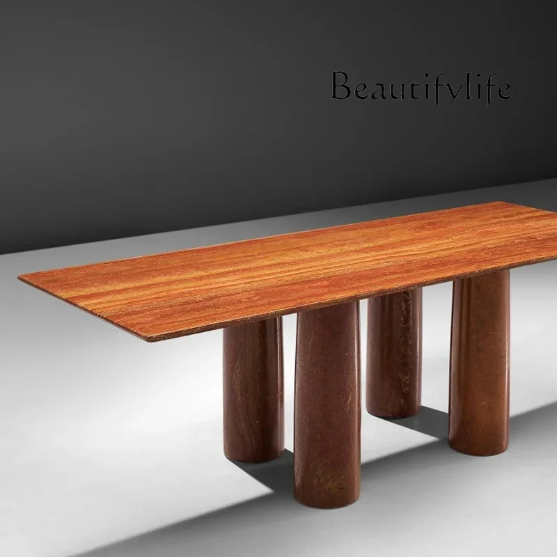 X Italian Natural Marble Dining Table Living Dining Room Light Luxury Red Travertine Dining Table Hotel Atmosphere Rectangular