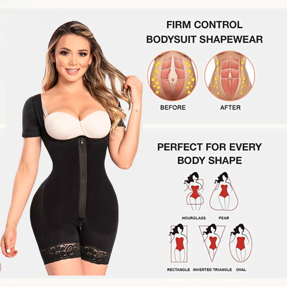 Fajas Colombianas Short Sleeved Bodysuit Double Zipper Waist Trainer Body Shaper Slimming Compression Shapewear For Women