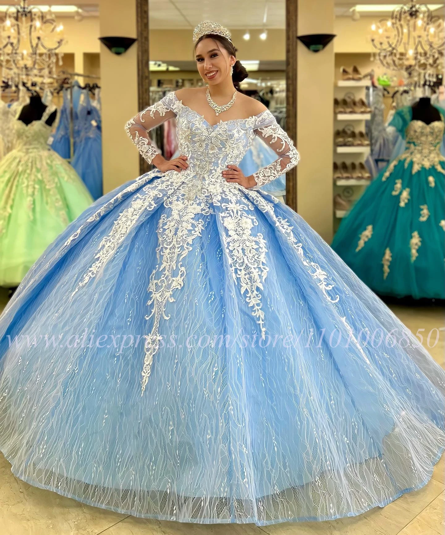 Light Blue Quinceanera Dress 2023 Long Sleeves All-Over Lace Charro Mexican Sweet 16 Girl Gown vestido de 15 anos AB Stones