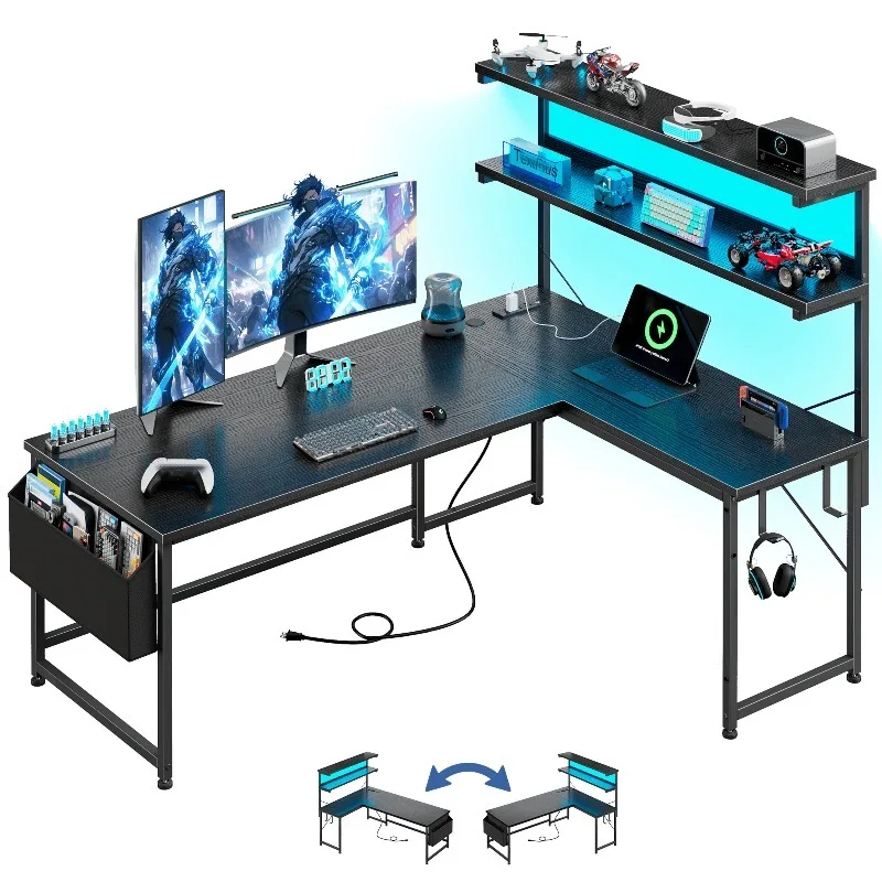 Black L Shaped Computer Desk With Power Outlet,Gaming Desk With Light Storage,Home Office Desk With Storage Shelves For Small Spaces