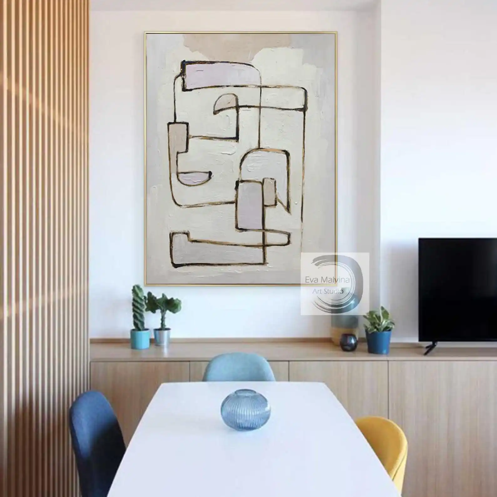 Mhemyo Original Textured Abstract Expressionism Line Art Handmade Canvas Beige Pink Modern Wall Painting For Living Home Decor