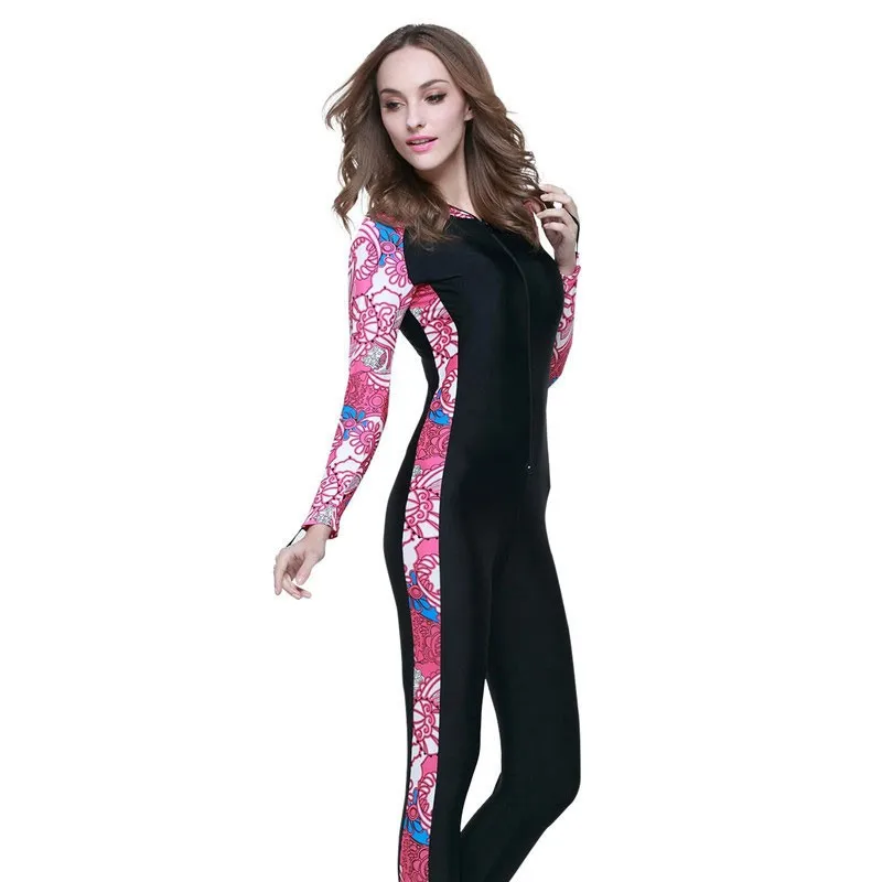 Printed Rash Guard Long Sleeve Hooded Rashguard Floral Print Black Base Swim Shirt Slim Fit High Neck Surf Shirt Front Zipper