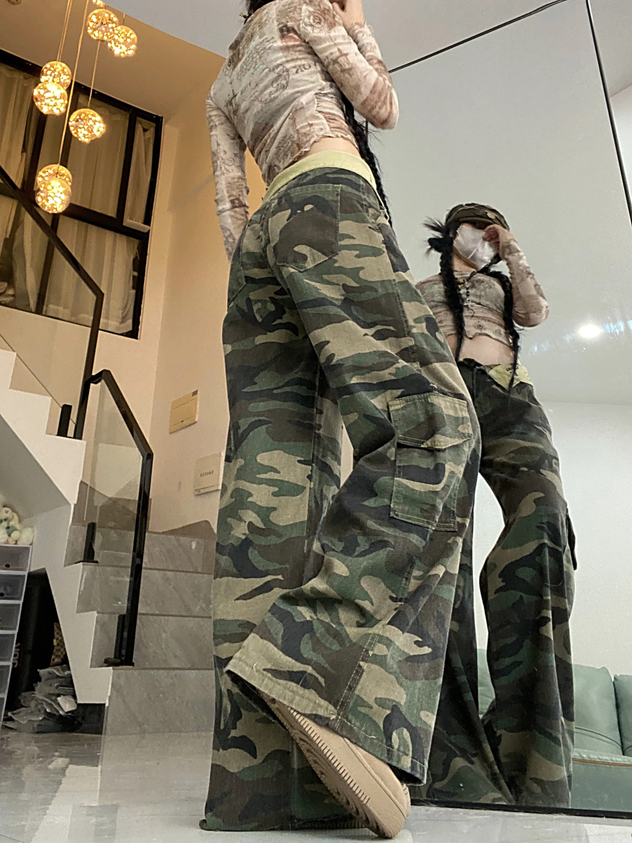 وزرة ملابس الدوبامين التمويه تغطي اللحم الأوروبية والأمريكية عالية الشارع تصميم مكبل السراويل المستقيمة