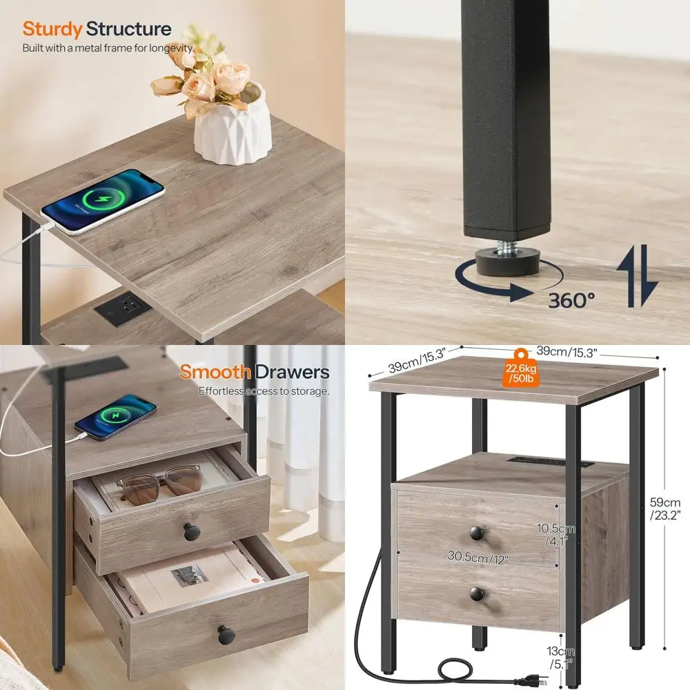 

Compact Charging Nightstand with 2 Drawers, USB & Type-C Ports, Suitable for Small Spaces, Greige and Black