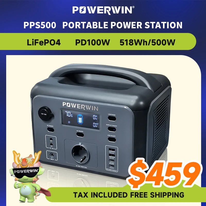 POWERWIN PPS500 Solar Generator 518Wh/500W Portable Power Station PD100W Fast Charging LiFePO4 Battery RV Camping Gas Boiler