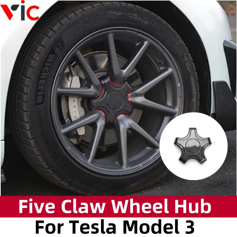 

4pcs Wheel Center Caps Hub Cover for Tesla Model 3 Five Claw Type，Carbon Fiber Athletic Hubcaps Car Decoration Accessories