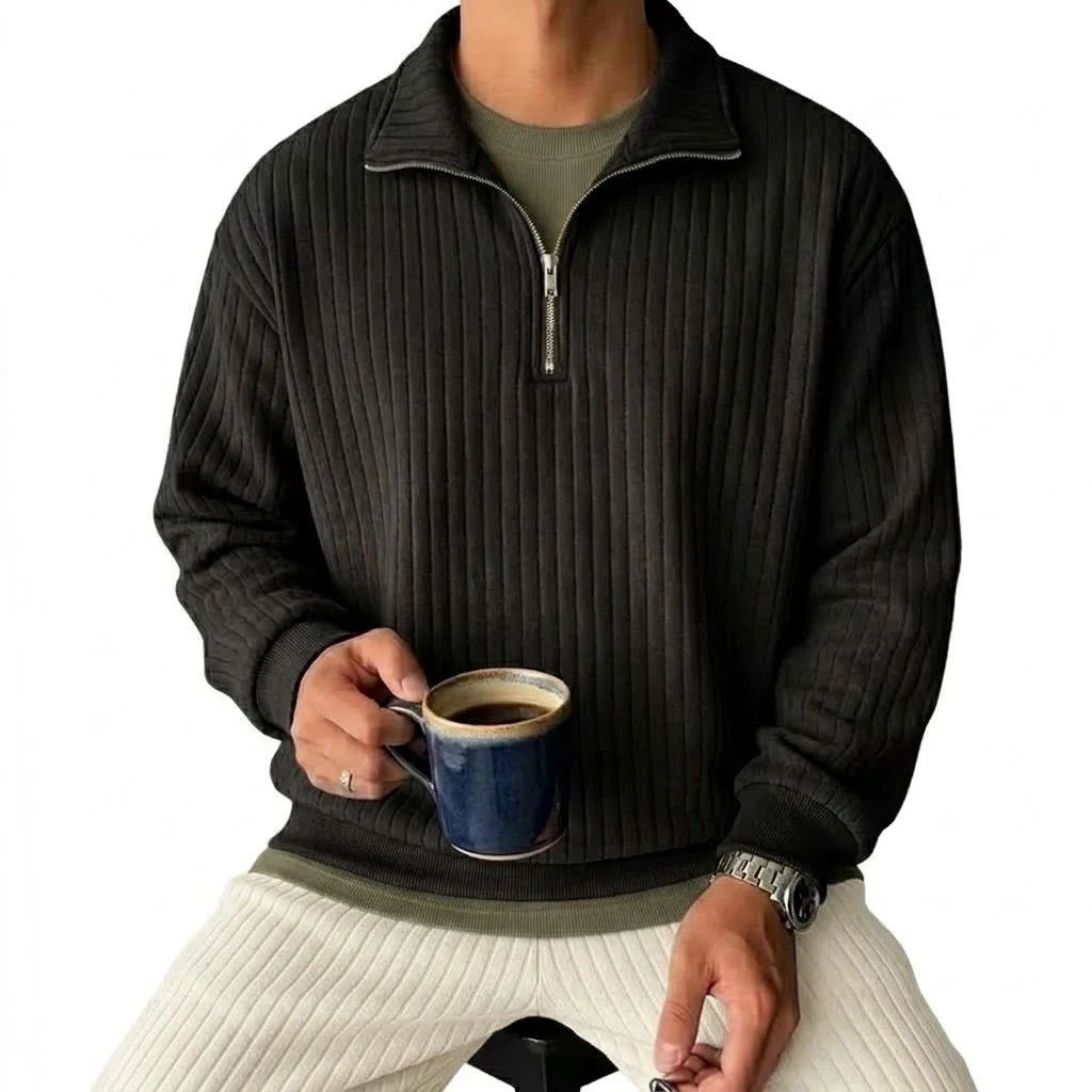 Mens Half Zip Striped Jumper Relaxed Notch Ribbed Polo Collar Pullover Shirts Long Sleeve Knit Hoodie for Guys Notch Outerwear