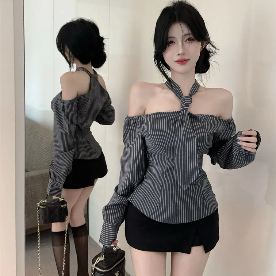 

Kimotimo Chic Halter Long Sleeve Striped Shirt Women Autumn Sexy Off Shoulder Slim Fit Crop Top Temperament Versatile Blouse New