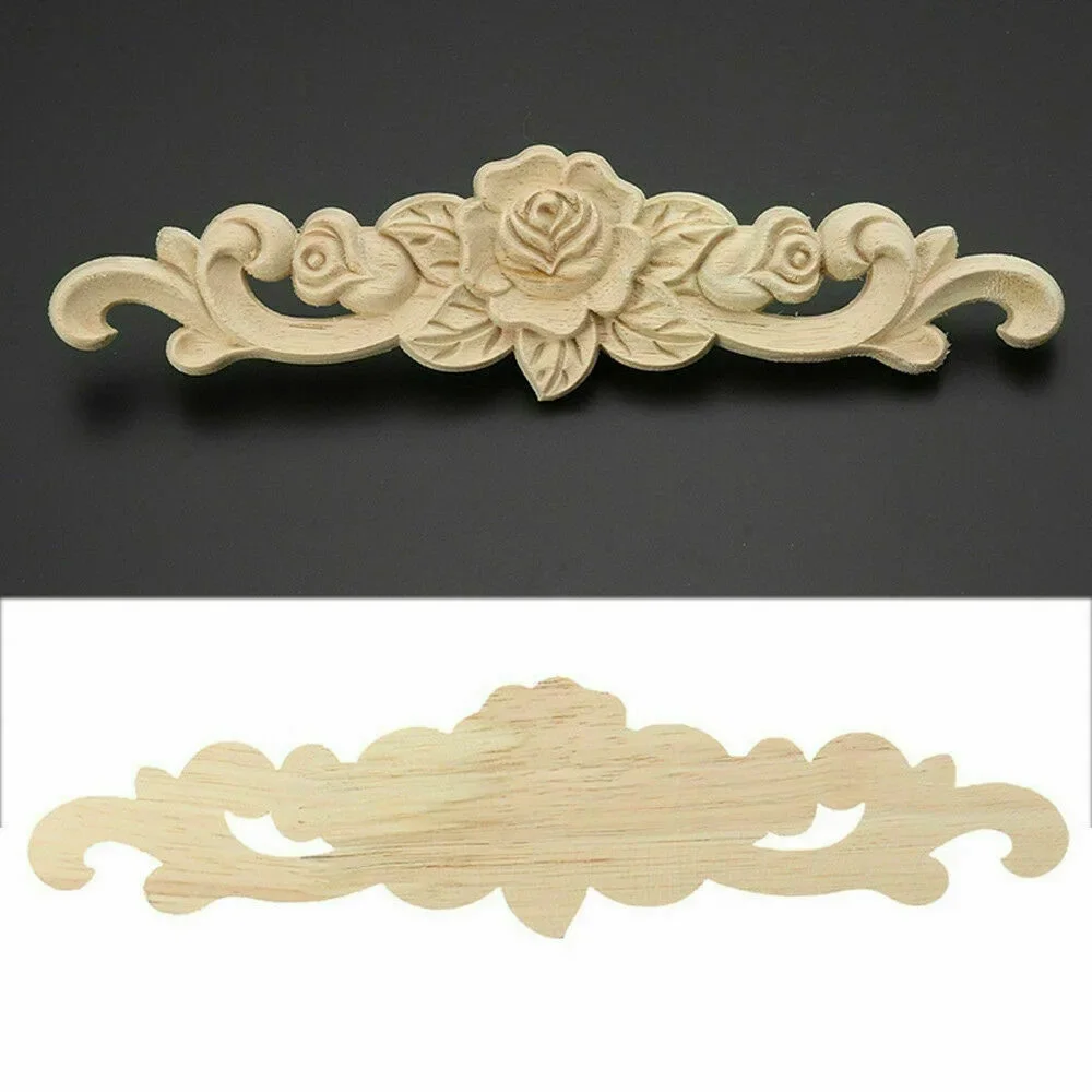 Elegant Hot Sale Wood Applique Woodcarving Decal Floral Flower Pattern Furniture Mouldings Unpainted 1Pcs 20X5cm