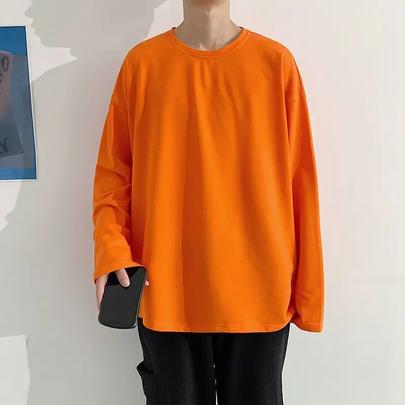 100% Cotton Long Sleeve T-Shirt Men's Hong Kong Style Trendy Student Loose Fit Versatile Top Base Layer Tee