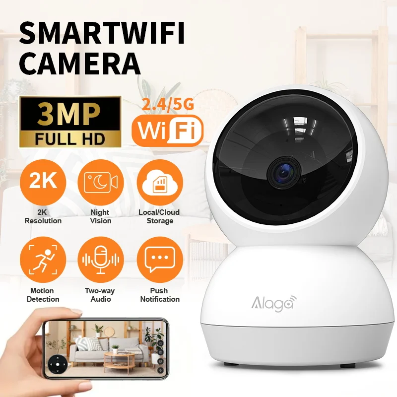 

360 ° Умная домашняя камера безопасности PTZ 2K 5G WiFi с ИИ-детектором, ночным видением, автоматическим отслеживанием, для видеонаблюдения и как радионяня