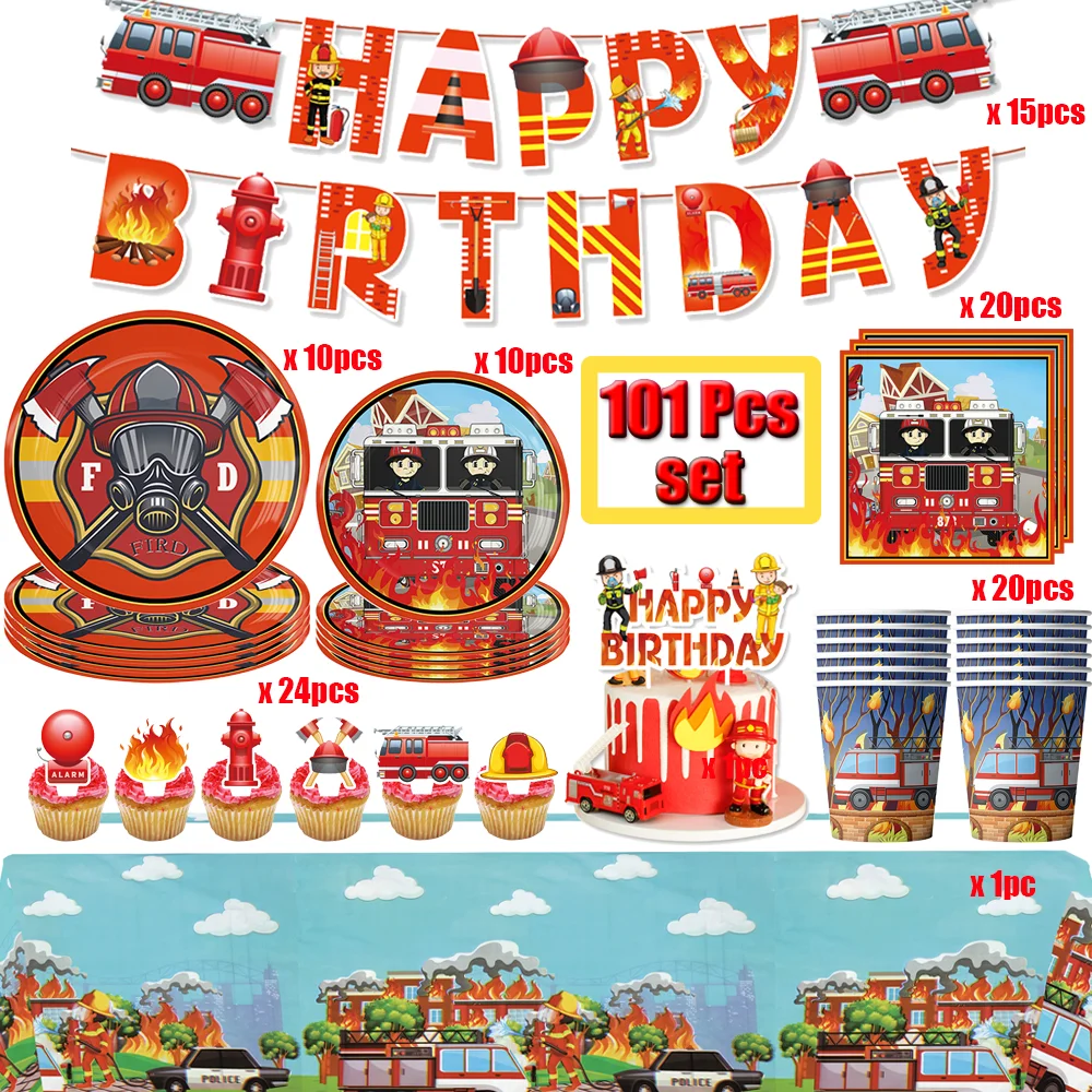 Fireman Sam Baby Shower Supplies Fire Engine Birthday Party Decorations Foil Balloons Tableware Plate Napkin Party Supplies Boy