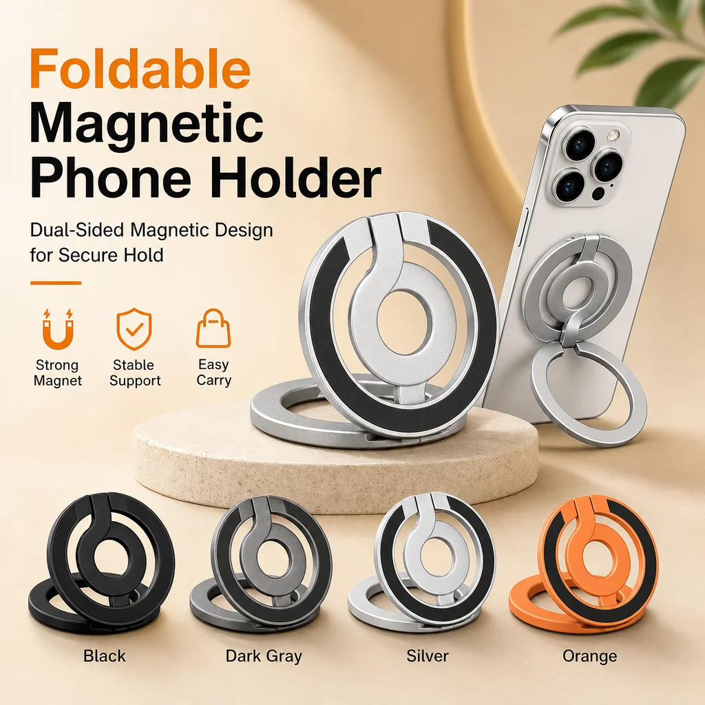 Double-Sided Magnetic Phone Ring Holder for MagSafe Foldable Metal Finger Grip Stand for IPhone Samsung