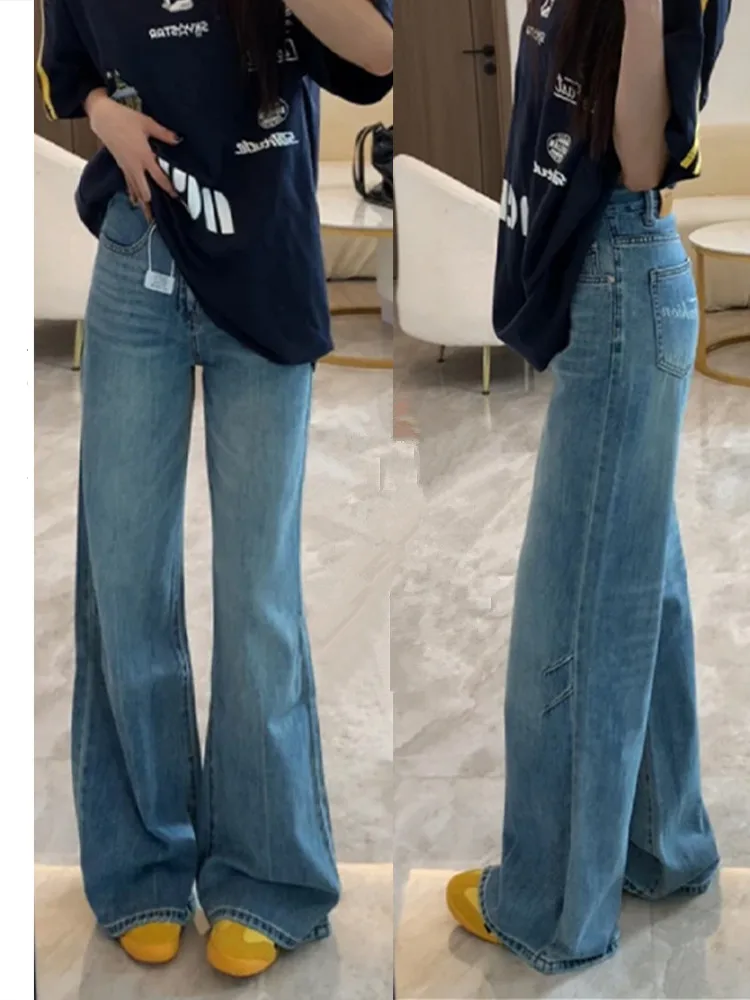 

Американские ретро-джинсы клеш для женщин, весенне-осенние, свободные, стройнящие, с асимметричными штанинами, удлиненные, широкие брюки