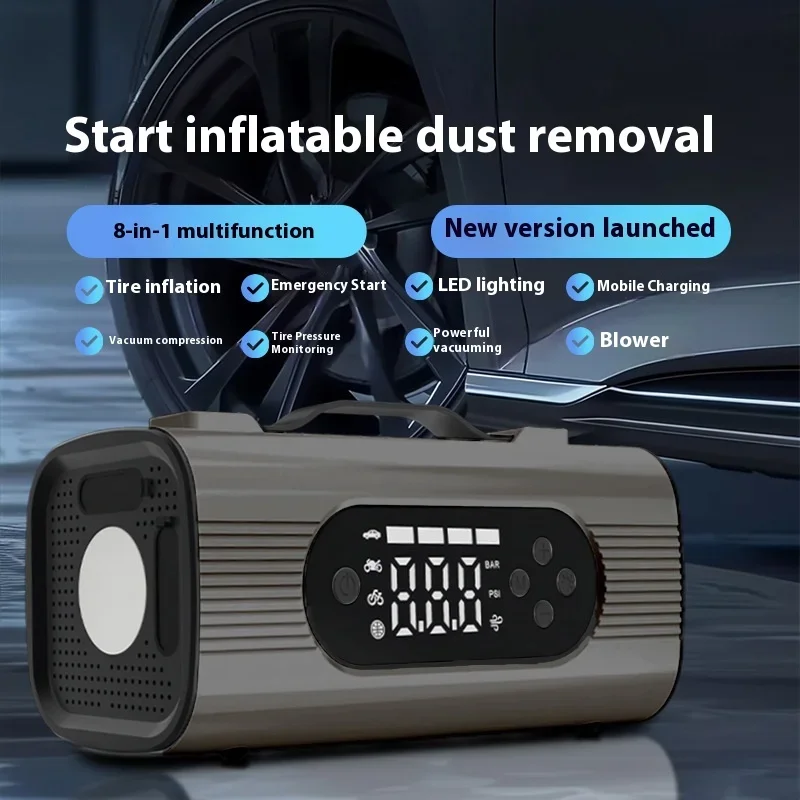 New 12V 10000mAh 8 in 1 Portable Car Jump Starter with Air Compressor Inflation Pump Dual-use Wireless VacuumCleaner Power Bank