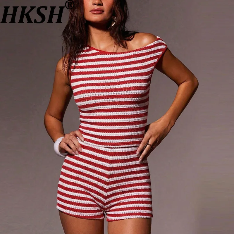 

HKSH Women Knitted Two-piece Set Asymmetric Striped Color Block Slim Fit Sleeveless Vest Tank Top Sexy Shorts Ins Summer HK22436