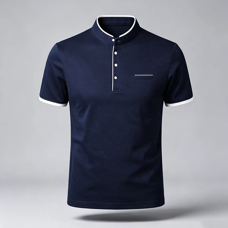 Herren-Poloshirt mit Stehkragen, kurzen Ärmeln, dekorativer Tasche am Kragen, kontrastierenden Ärmelbündchen, weich, knitterarm, für das Büro. – Detail 5