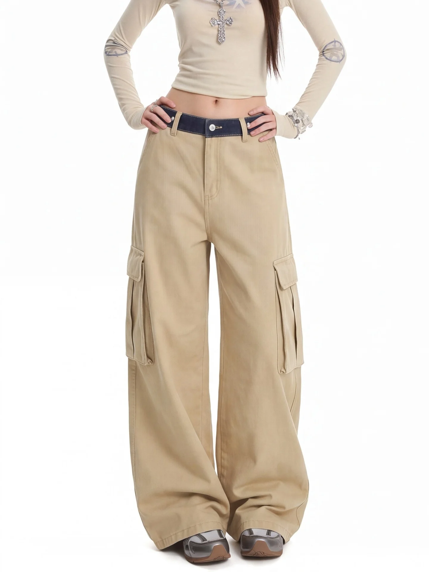 Low Waist Wide Leg Workwear Pants Women's Khaki Draping Casual Trousers with Big Pockets Ant Pattern Loose Fit Straight Cut