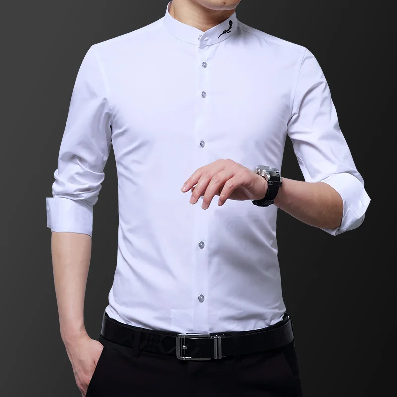 Fashion Men\'s Stand Collar Business Shirts Long Sleeve Solid Color White Single Casual Standard Fit Button-down Collar Shirts