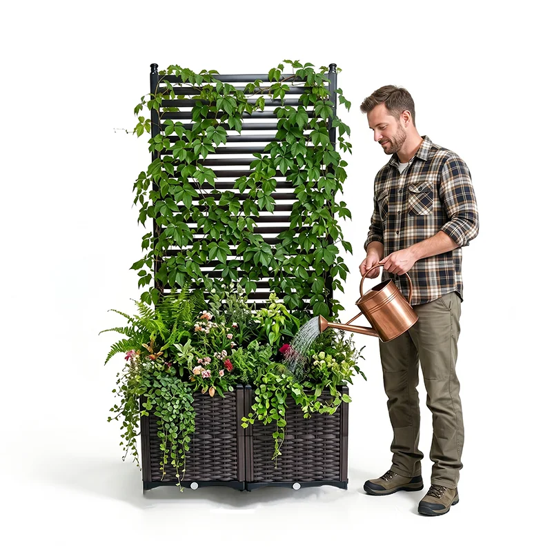 Jardinera con Rejilla de Privacidad de 66.92 Pulgadas de Alto, Jardinera Elevada con Sistema de Autorriego para Patio, Balcón, Jardín, Montaje Gratuito