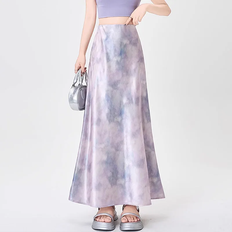 

Fashion Purple Printed Skirts Womens Summer Elastic High Waistf A Line Satin Skirts Long Loose Casual Skirt Female Jupe Longue