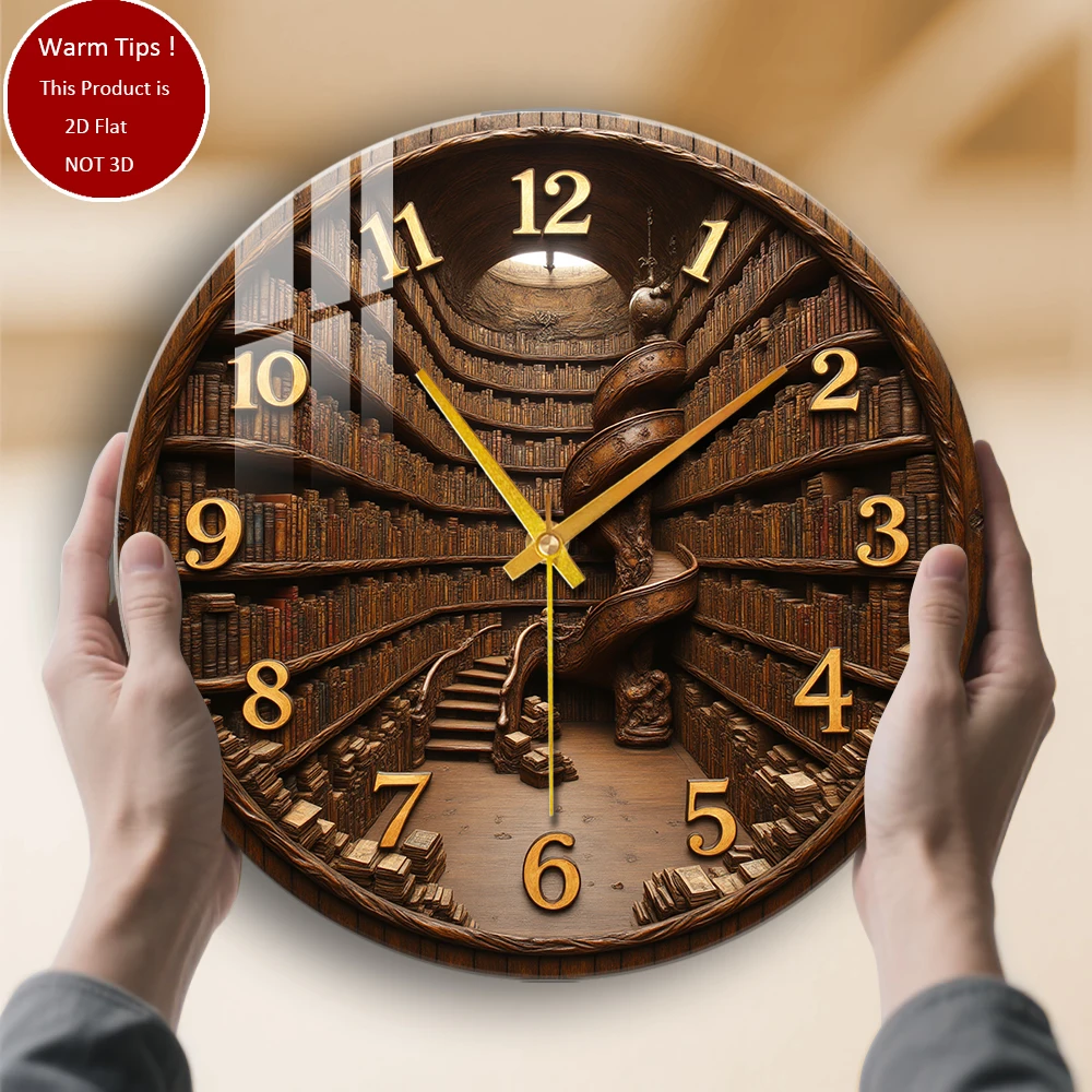 

Настенные часы из закаленного стекла, винтажные деревянные часы, книжная полка, спиральная лестница, подходят для декора стен или настольного дисплея в любом месте