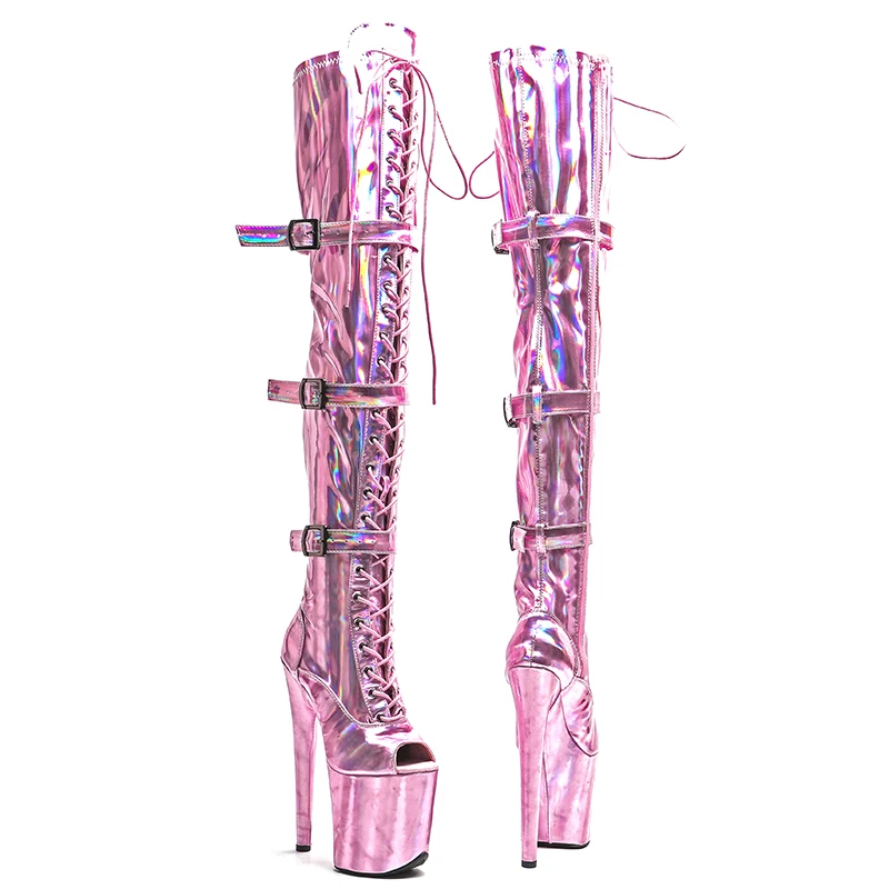 Leecabe  20CM/8inches holographic shiny  PU open toe Trendy fashion  High Heel platform party stripper heel Pole Dance boots