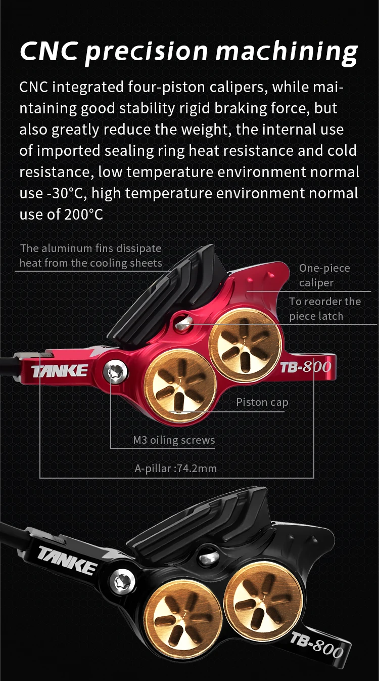 TANKE MTB 4-Kolben Hydraulische Scheibenbremse 900/1700mm, 4-Kolben-Bremsbeläge aus Harz, Öldruck AM DH Straßen-MTB Ultraleichte Scheibenbremse – Detail 5