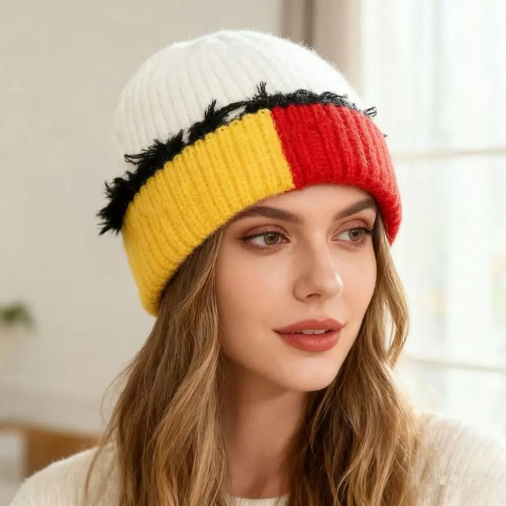 High Elasticity Patchwork Knit Beanie Patchwork Style Hole Design Warm Knitted Hat Cold Weather Resistant Hip Hop Hat