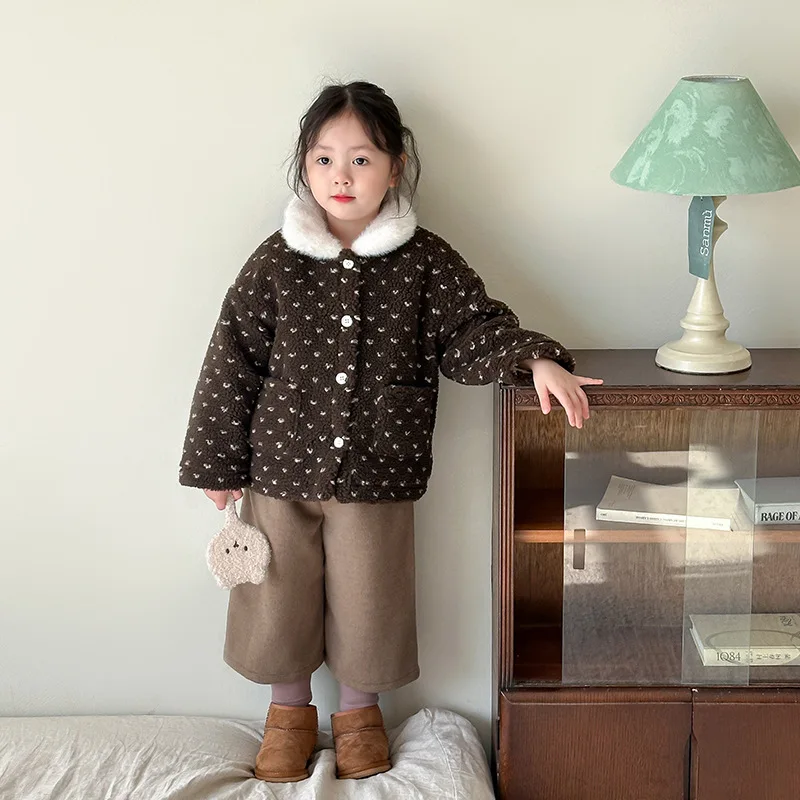 Baby Girls Brown Flower Wool Coat Children 2024 New Autumn Winter Fashion Simple Casual Warm Coat Korean Simple Style Coat