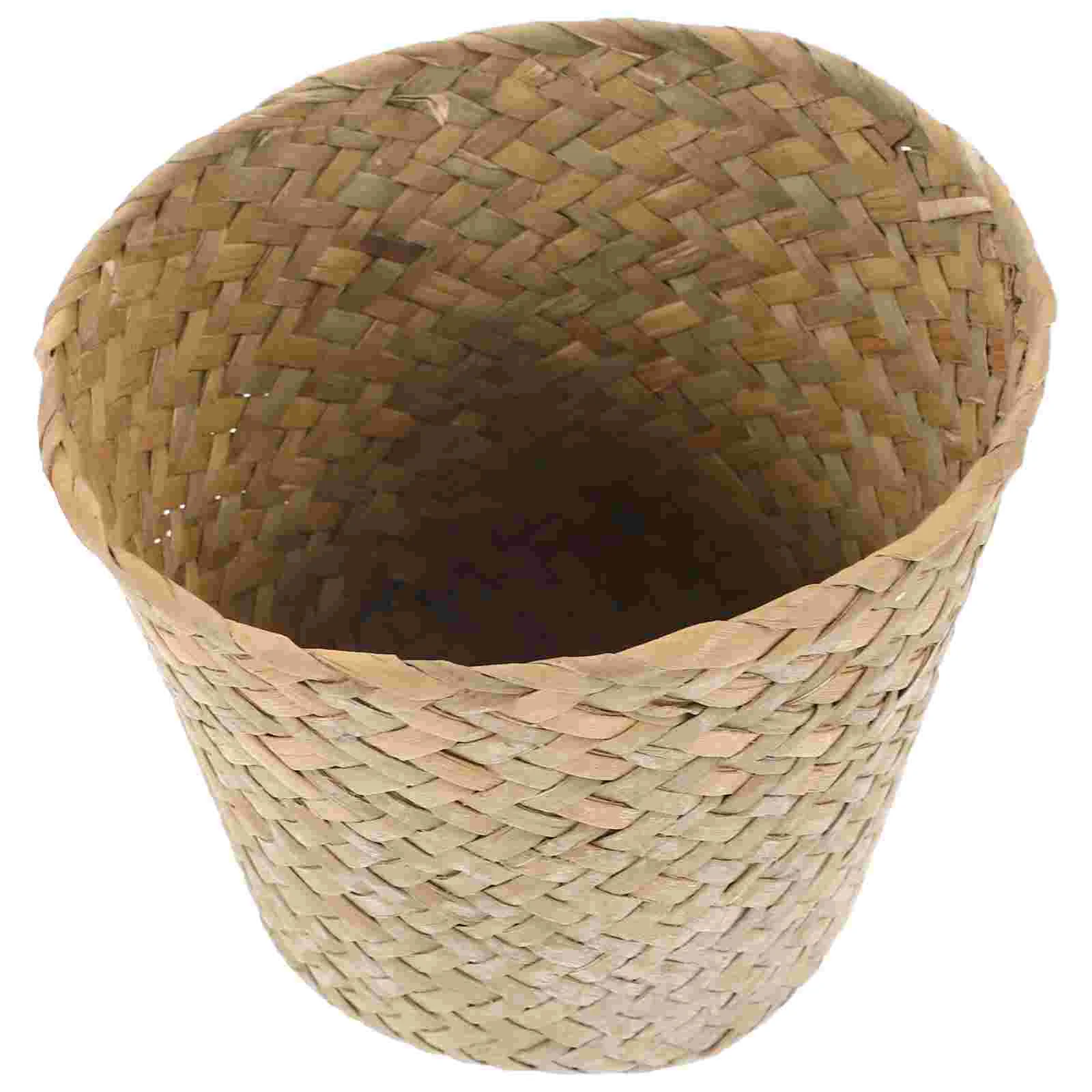 

Garbage Can Woven Trash Baby Laundry Hamper with Lid Storage Basket Straw Tabletop