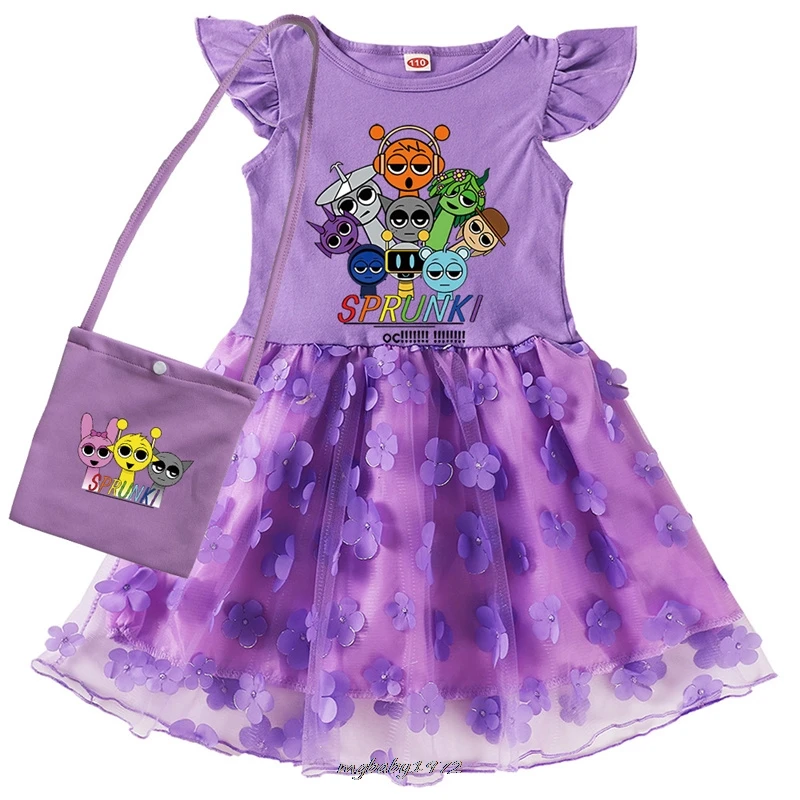 New Lovely Sprunki World Clothes Kids Cartoon Dress Baby Girls Short Sleeve Evening Dresses Children Princess Vestidos And Bag