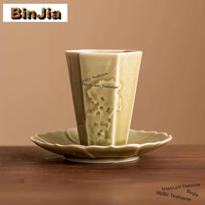 

70 мл яочжоу печь Селадон Шестигранная мастер чашка рельеф Taihu озеро каменная чайная чаша с блюдце набор дегустация чашка для чая Блюдце Посуда для напитков